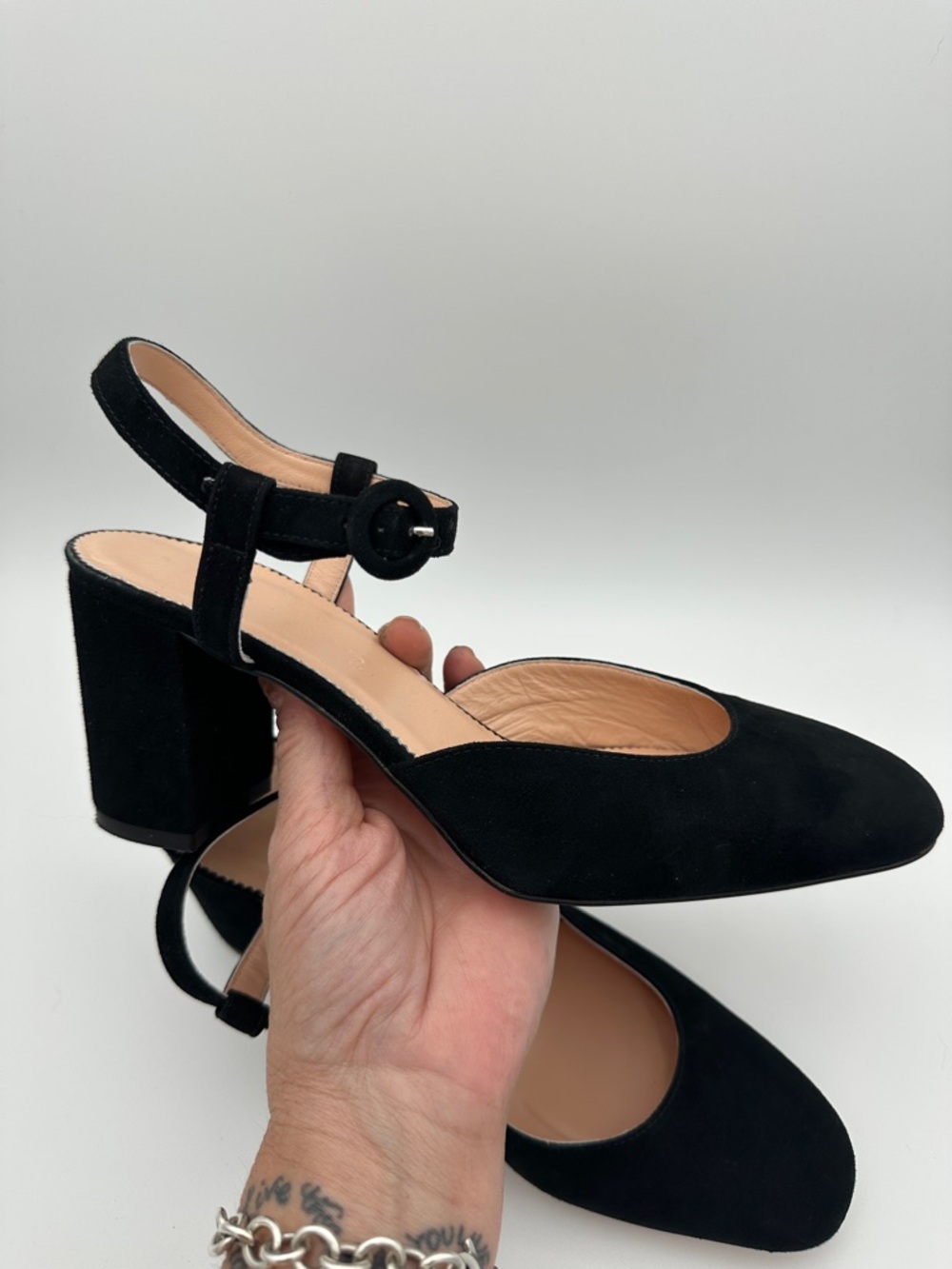 J. Crew Maisie Almond Toe Black Italian Suede Pumps 7.5 Heel 3” Made in Morocco - Picture 3 of 16